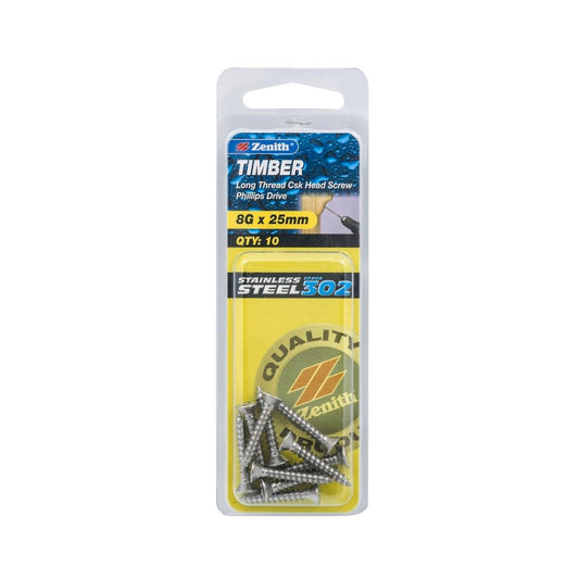 Zenith Long Thread Countersunk Head Timber Screws 8g x 25mm 10 Pack - Auzzistore