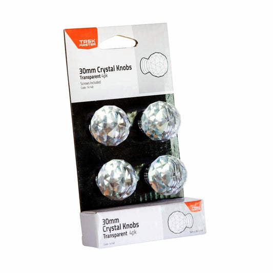 Taskmaster 30mm Crystal Cabinet Knob Pack of 4 - Crystal and Steel - 30mm