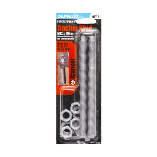 Ramset Anchor Stud 12mm x 160mm Galvanised Steel 4 Pack Durable - Auzzistore