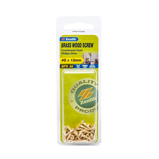 Zenith 4G x 12mm Brass Countersunk Head Wood Screws – 30 Pack - Auzzistore