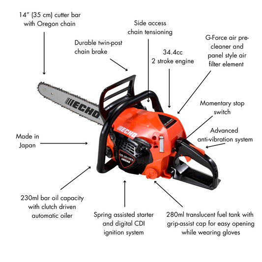 Echo 350mm 34.4cc 2 Stroke Petrol Chainsaw - 14" Guide Bar - Orange - Easy Start – view 2