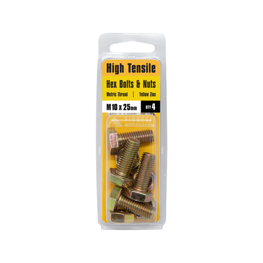 Pinnacle M10 x 25mm Yellow Zinc Hi Tensile Hex Bolt and Nut 4 Pack – view 2 - Auzzistore