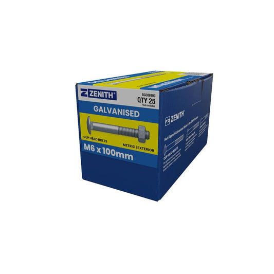 Zenith Hot Dip Galvanised M6 x 100mm Cup Head Bolts Nuts 25 Pack - Auzzistore