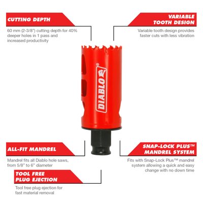 Diablo Bi Metal Hole Saw 44mm - 5mm Depth - Tool-Free Plug Ejection