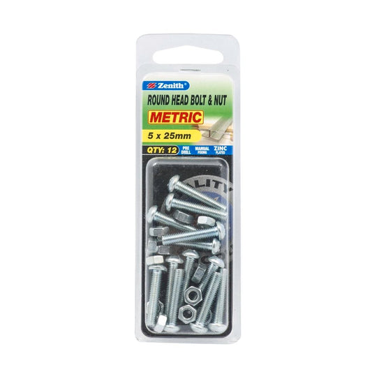 Zenith Bolt and Nut - M5 x 25mm - Zinc Plated - Round Head - 12 Pack - Auzzistore