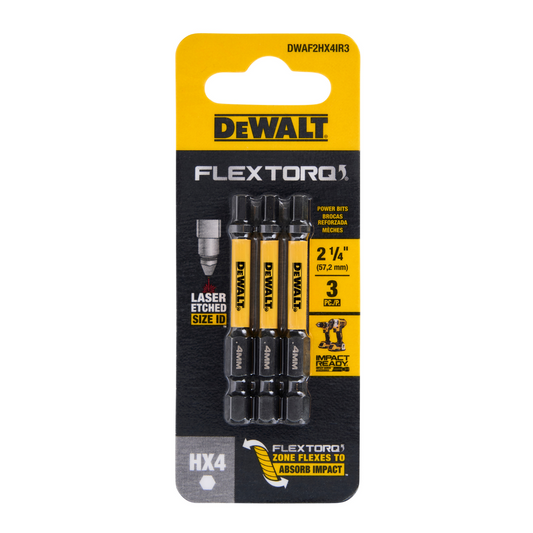 Dewalt Flextorq Screwdriver Bit 3 Pack - 57mm Hex4 - Impact Absorption – view 2 - Auzzistore