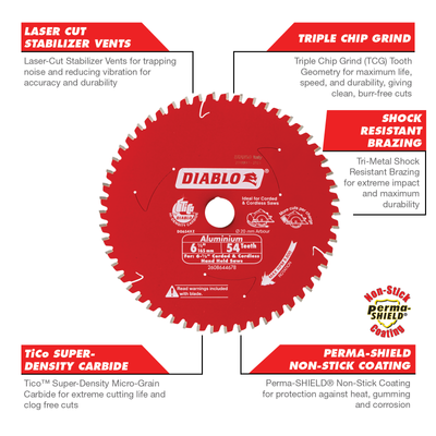 Diablo Circular Saw Blade - 165mm 54t - Aluminium & Plast - Precision Cutting