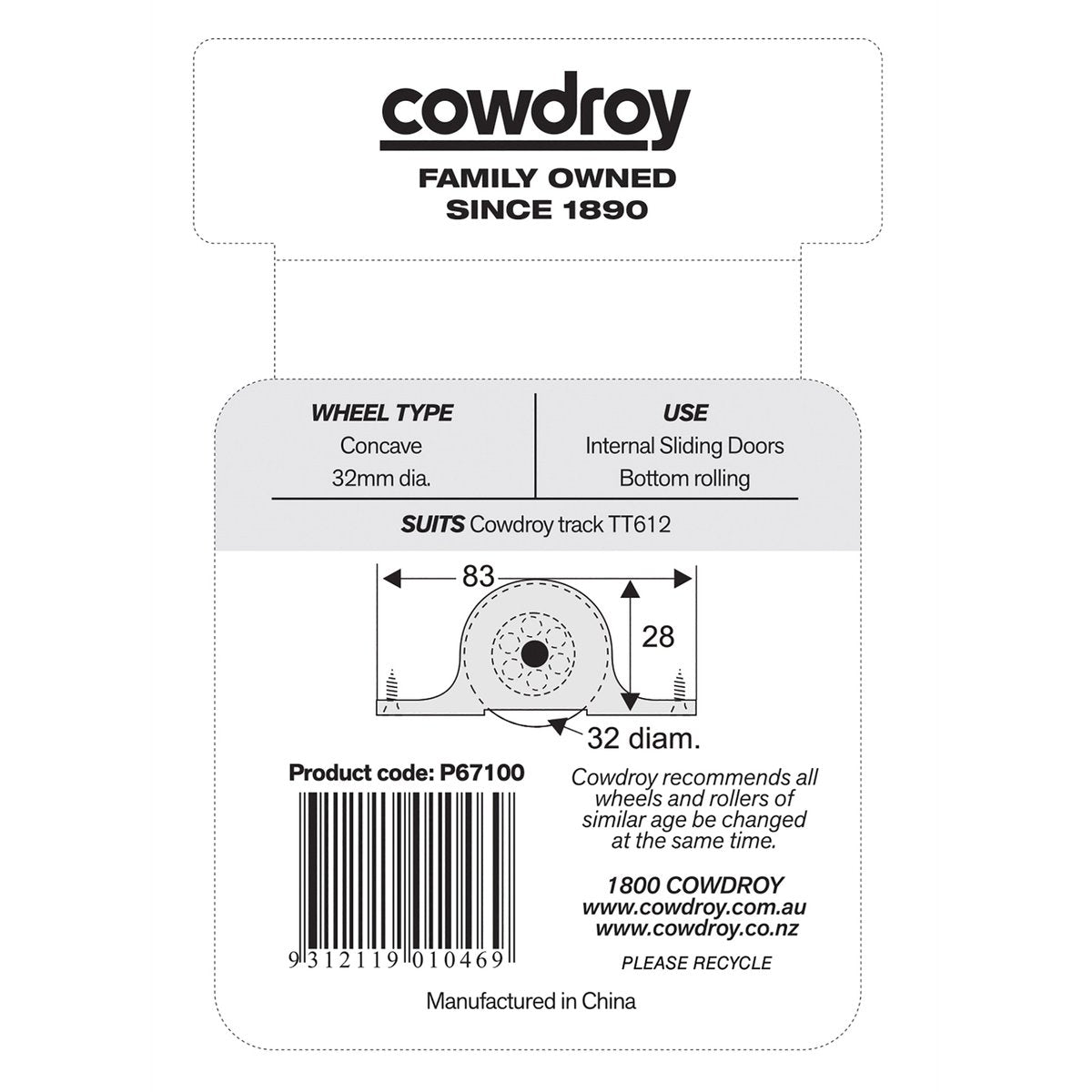 Cowdroy Sliding Door Sheave Pack - Steel Wheel - 95mm - 120kg Load