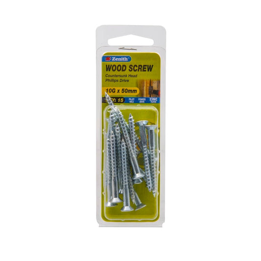 Zenith Countersunk Head Wood Screws - 10g x 50mm - Zinc Plated - 15 Pack - Auzzistore