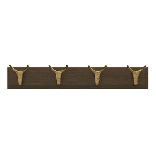 Mode 4 Brass Cow Hooks on Oak Board Hook Rack - 450mm - Decorative Storage