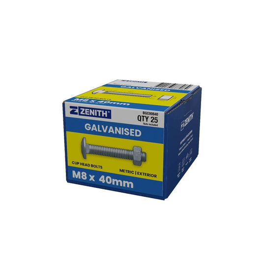 Zenith M8 x 40mm Hot Dip Galvanised Cup Head Bolts Nuts 25 Pack - Grey - Auzzistore