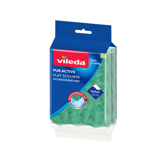 Vileda Pur Active Non Scratch Flat Scourer 2 Pack - 105mm x 210mm - Safe for Non-Stick Cookware
