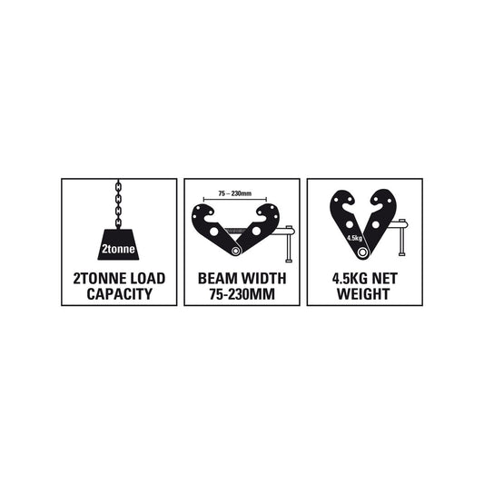 Gorilla 2T Girder Clamp - Steel - 90mm - Connection Point for Hoists – view 2 - Auzzistore