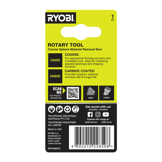 Ryobi Rotary Coarse Sphere Material Removal Burr - 51mm x 21mm x 101mm - Durable Carbide - Aggressive Material Removal – view 2 - Auzzistore