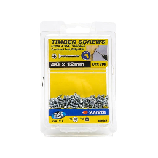 Zenith Hinge Long Thread Screw - 4g x 12mm - Zinc Plated - 100 Pack - Countersunk - Auzzistore
