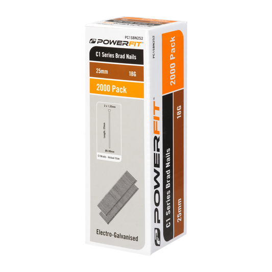 Powerfit 25mm C1 Series Brad Nails - 2000 Pack - Electro Galvanised - Durable - Auzzistore
