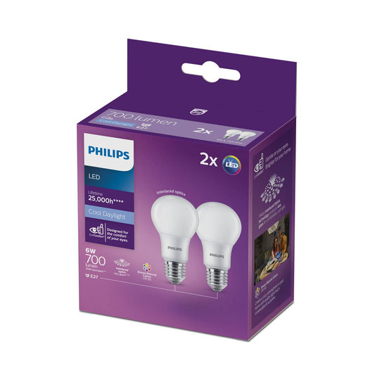 Philips A60 E27 LED Globe 700lm Cool Daylight 6W 2 Pack 61mm x 109mm