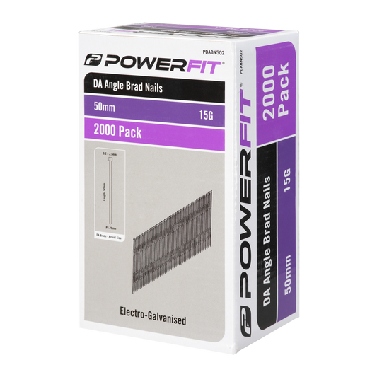 Powerfit 50mm Electro Galvanised DA Angled Brad Nails - 2000 Pack - Corrosion Resistant - Auzzistore