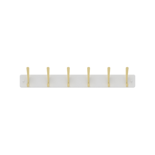Mode 6 Hat and Coat Rack - 4 Hooks - 450mm x 70mm - Brushed Brass on White Board
