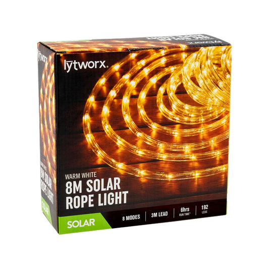 Lytworx 8m Solar Rope Light - Warm White LED - 192 Bright LEDs - 8 Functions - Auzzistore