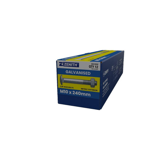 Zenith Cup Head Bolts - M10 x 240mm - Hot Dipped Galvanised - 12 Pack - Auzzistore