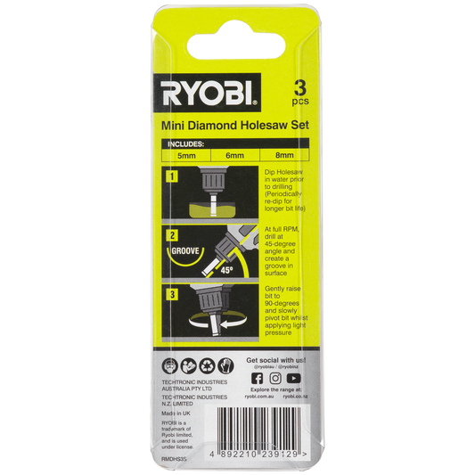 Ryobi 3 Piece Mini Diamond Holesaw Set - 5mm, 6mm, 8mm - Durable for Tile, Glass – view 2 - Auzzistore