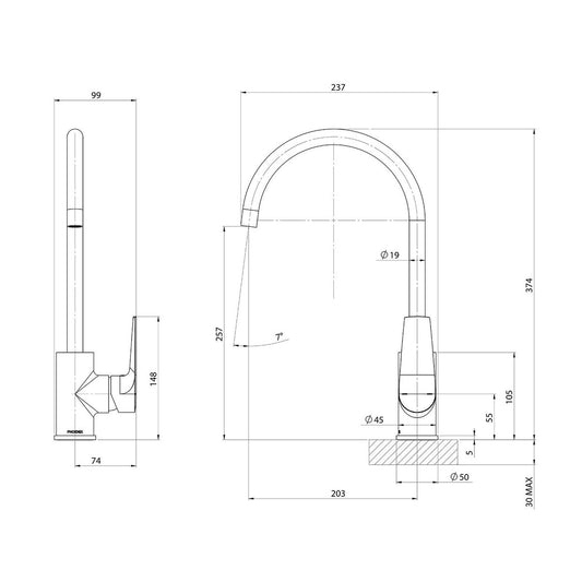 Phoenix Brushed Nickel Bailey Sink Mixer - 360° Swivel Spout - Lead-Free Brass - 99mm x 370mm x 237mm – view 2