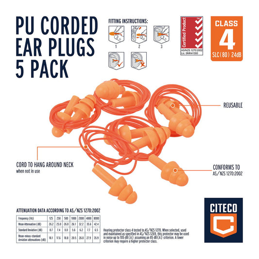 Citeco Class 4 PU Corded Ear Plugs - 5 Pack - Noise Reduction - Comfortable – view 2