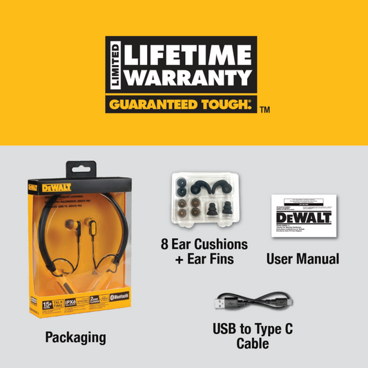 Dewalt Wireless Jobsite Pro Bluetooth Neckband Earphones - 30+ Hours Talk Time - IPX6 Water Resistant - 9mm Drivers - 150g