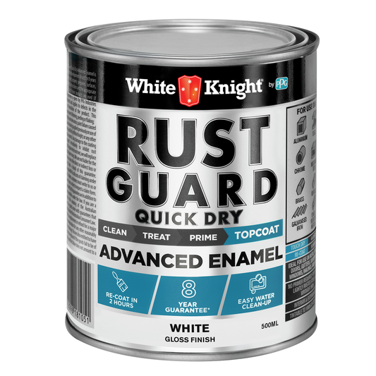 White Knight Rust Guard 500ml Quick Dry Enamel Paint - White Gloss - 0.5L - Low Odour - Durable Finish - Auzzistore