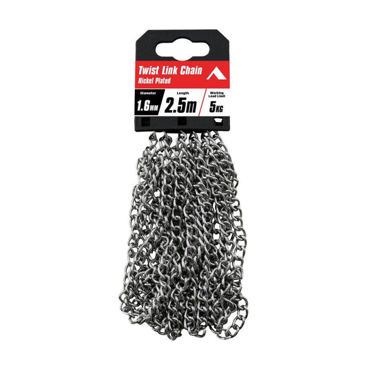 Pinnacle 1 Twist Link Chain 6mm x 2.5m - Nickel Plated - 5kg Load Rating - Auzzistore
