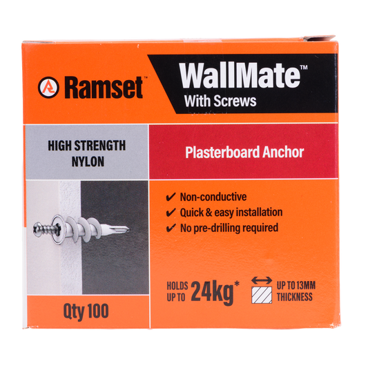 Ramset Nylon Wallmate Plasterboard Anchor with Screws 100 Pack - 75mm x 70mm x 40mm - Easy Installation, Non-Conductive - Auzzistore