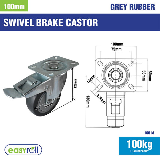 Easyroll Castor - 100mm - Grey Rubber - Heavy Duty Swivel Brake – view 2 - Auzzistore