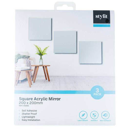 Edge Acrylic Mirror 200x200mm Square Self Adhesive Shatter Proof