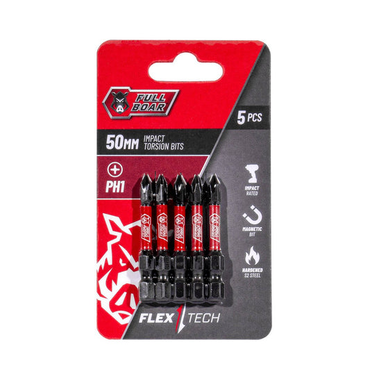 Full Boar Impact Torsion Bit 5 Pack - PH1 - 50mm - S2 Steel - High Torque - Auzzistore