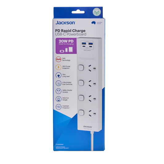 Jackson 4 Outlet Powerboard - 4 Individual Switches - 1.8m Lead - White - USB-C & USB-A Charging