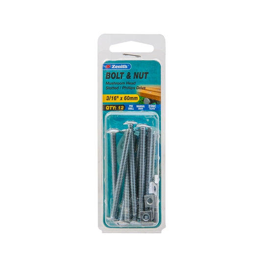 Zenith Mushroom Head Bolt & Nut - 3/16 x 60mm - 12 Pack - Zinc Plated - Auzzistore