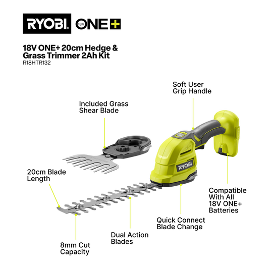 Ryobi 18V ONE+ Hedge Grass Shears 2.0Ah Kit R18HTR132 - 217mm Bar Length - 80 Minutes Runtime – view 2