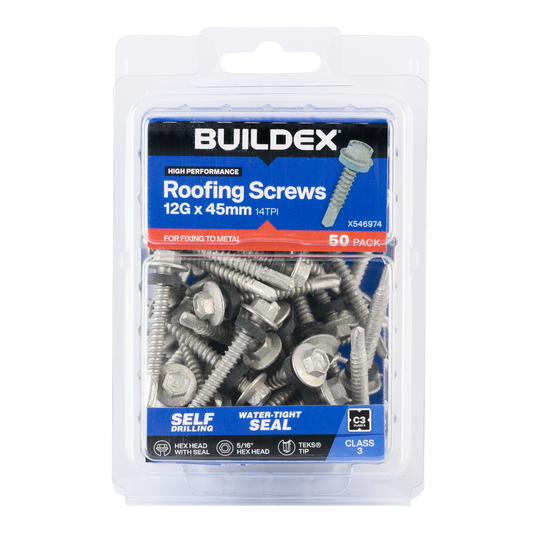 Buildex 12g x 45mm Roofing Teks Screws - 50 Pack - Class 3 Corrosion Protection - Auzzistore