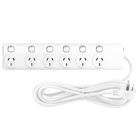 Arlec White 6 Outlet Powerboard 1.8m - Individually Switched - Overload Protection
