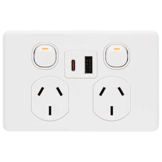 Deta Double Power Point x6 250mm White - USB A+C PD 20W Fast Charging - Auzzistore