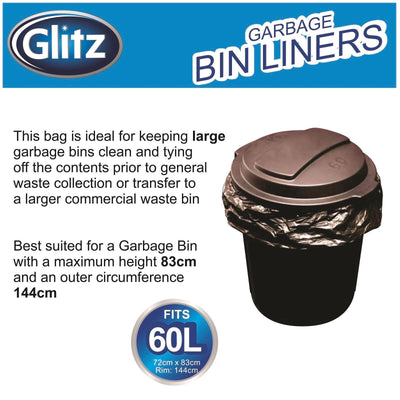 Glitz 60L Black Garbage Bags - 25 Pack - High-Density Polyethylene - Durable