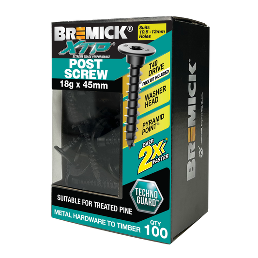 Bremick XTP Post Screw 18g x 45mm - Techno Guard Black - 100 Pack - T40 Drive - Auzzistore