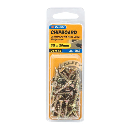 Zenith 8g x 20mm Countersunk Rib Head Chipboard Screws - 45 Pack - Gold - Self-Drilling - Auzzistore