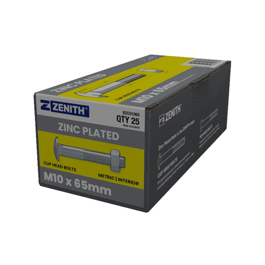 Zenith M10 x 65mm Zinc Plated Cup Head Bolts and Nuts 25 Pack - Reliable Fastening Solutions - Auzzistore