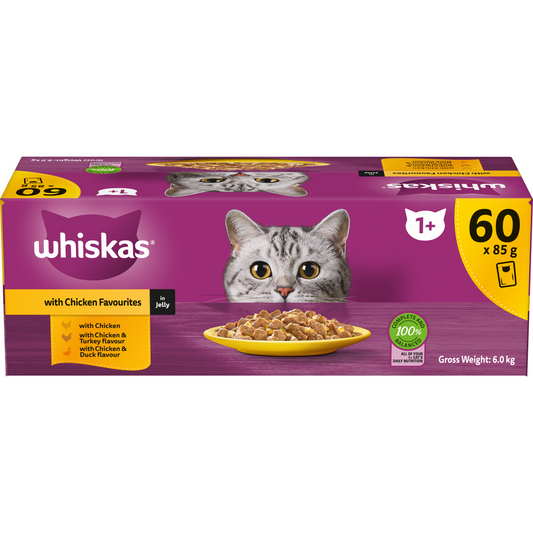 Whiskas Chicken Favorites Wet Cat Food - 85g x 60 Pack - Omega 6 & Zinc