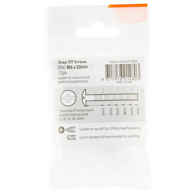 Taskmaster M4x 50mm Zinc Snap Off Screw 12 Pack - Adjustable Lengths