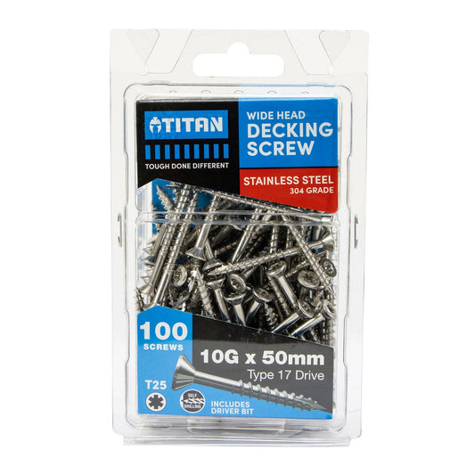 Titan 10g x 50mm Stainless Steel Wide Head Decking Screw 100 Pack - Durable Hold - Auzzistore