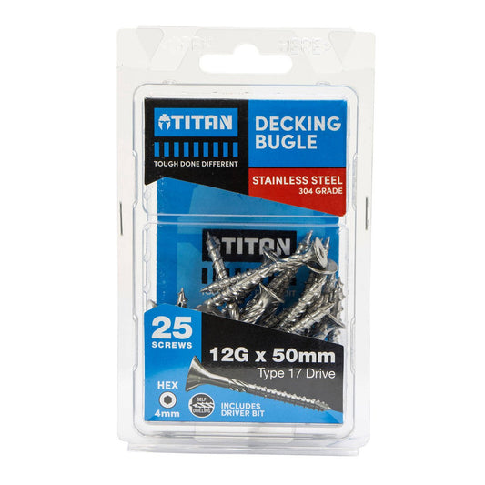 Titan 12g x 50mm Decking Screws - 304 Stainless Steel - Pack of 25 - Strong Hold - Auzzistore