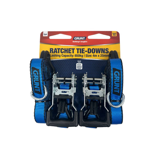 Grunt Ratchet Tie Down Straps 25mm x 4m Polyester 650kg Capacity